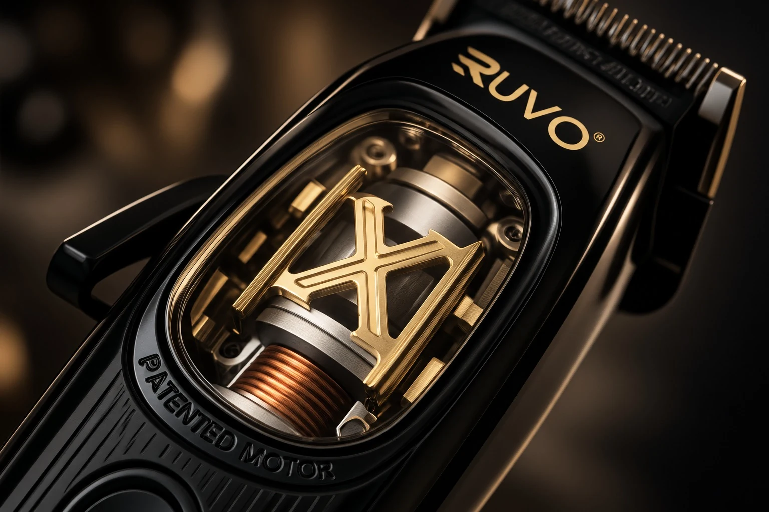 Close-up of the gold RUVO motor mechanism inside a professional clipper