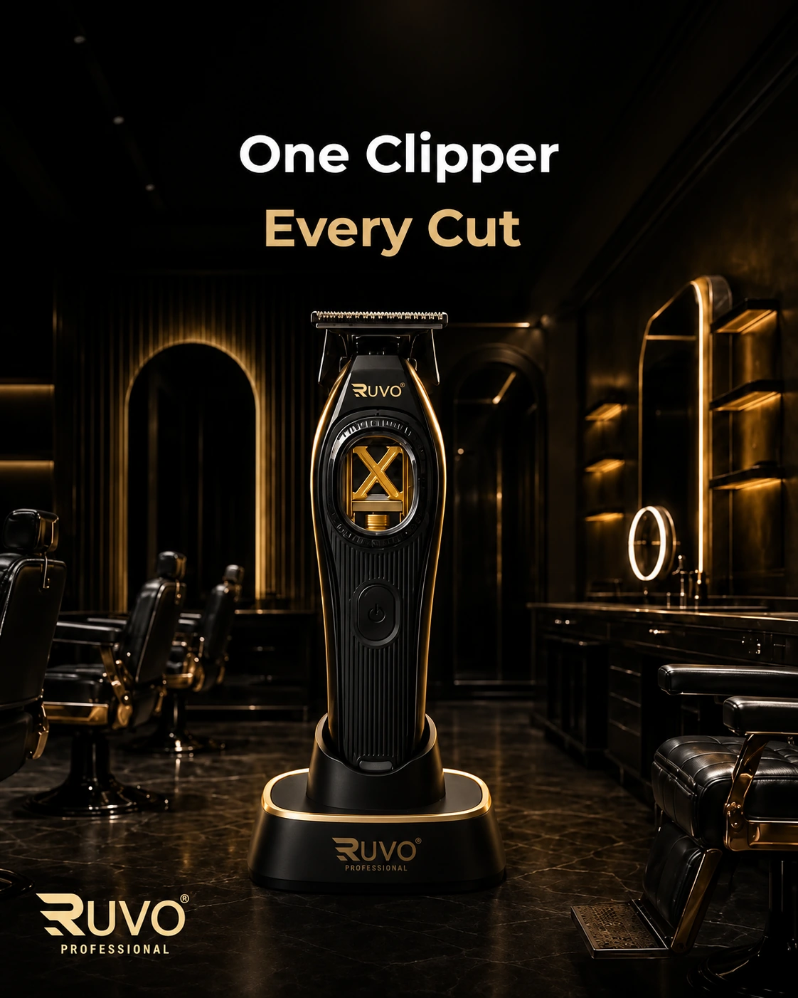 RUVO professional tool on a charging stand in a black and gold barbershop